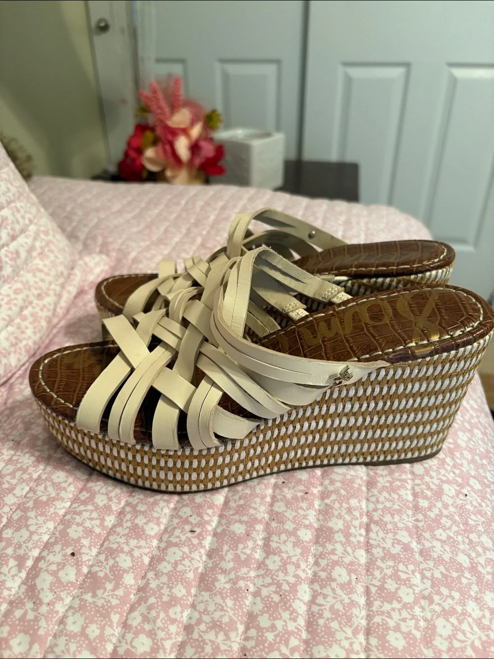 Sam Edelman Cream Woven Slide Wedges